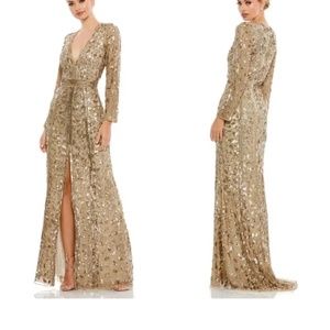 Mac Duggal Embellished Front Slit Long Sleeve Gown